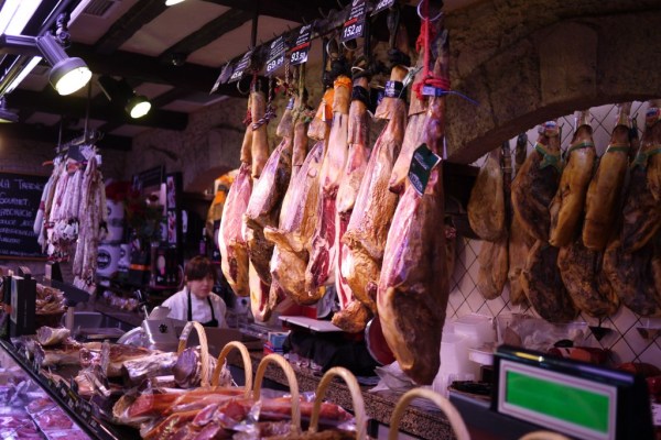 Meat for sale at  La Boqueria Mercat in Barcelona 