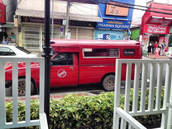 The red cab, or songthaew, found in Chiang Mai.