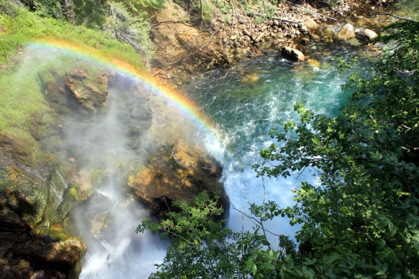 A rainbow at Sum Waterfall in Vintgar Gorge